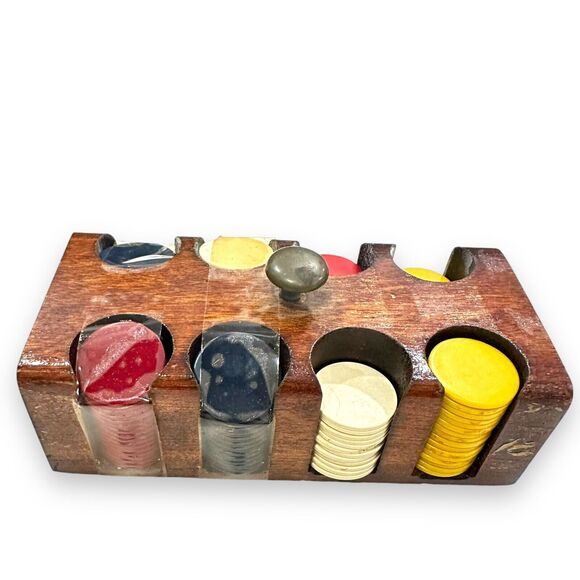 Bakelite Plastic Poker Chips w/Wood Holder Vintage Small Miniature Caddy W/Cover - Picture 4 of 14